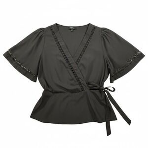 Milk & Honey Black Faux Wrap Top Eyelet Trim Peplum Tie Waist Blouse Mens M